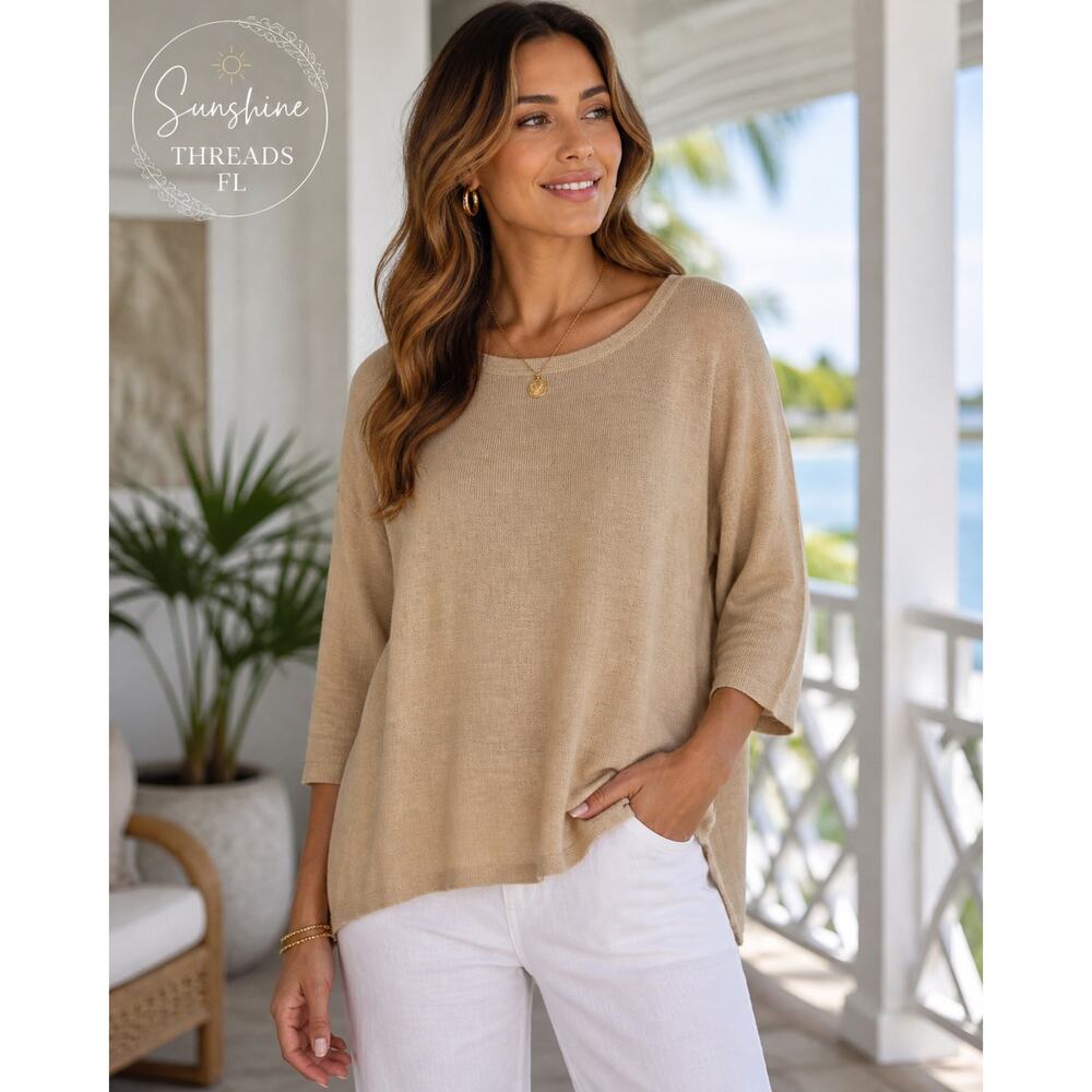 J McLaughlin 100% Linen Sweater Top Womens XL Tan Lightweight 3/4 Sleeve Relaxed